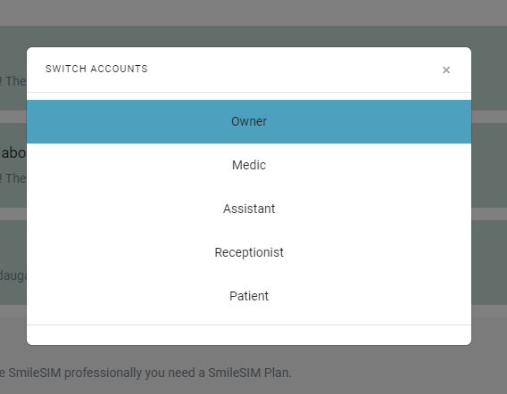 smilesim dental app switch accounts between owner, dentist and patient
