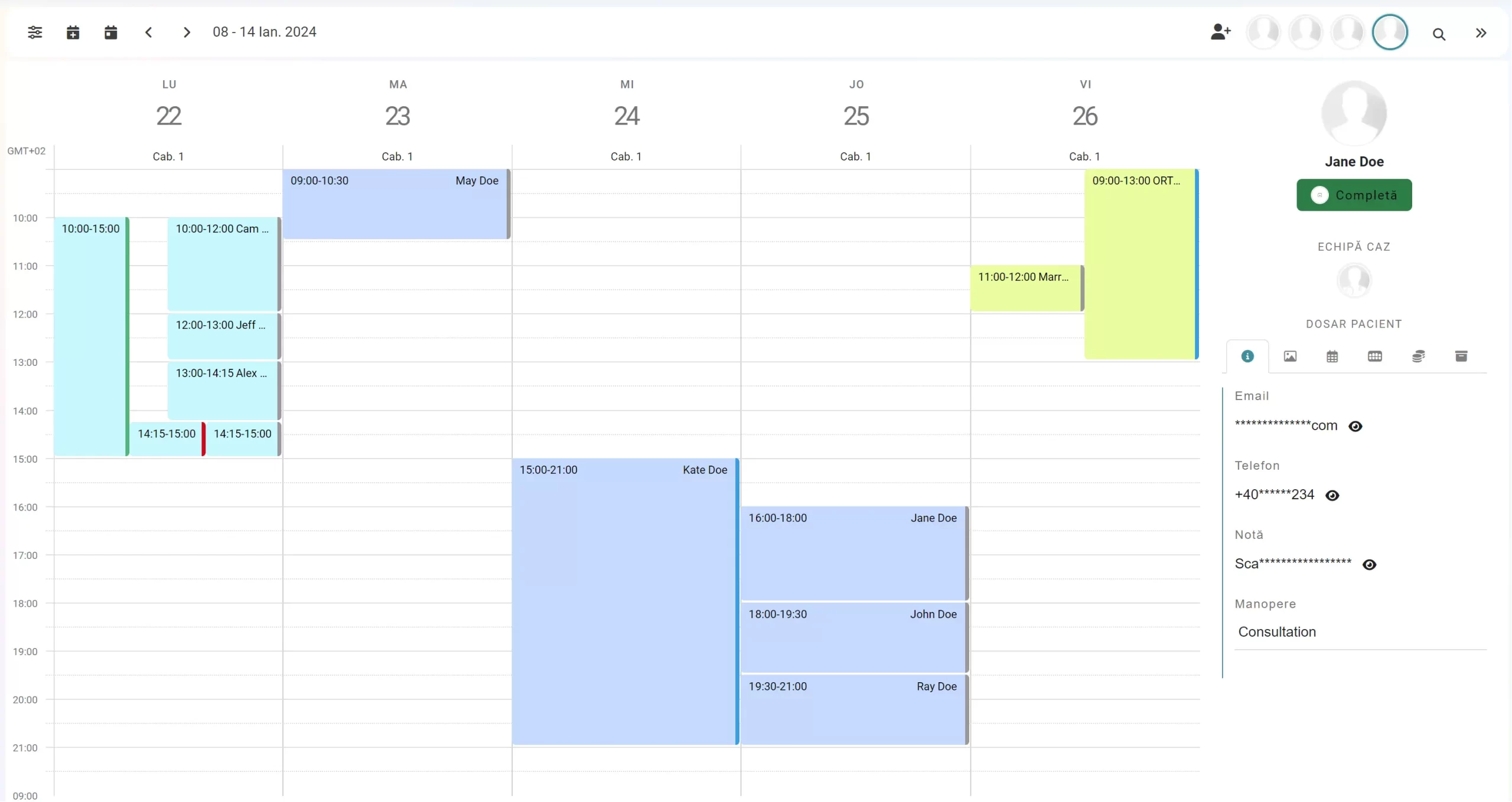 Smilesim dental software application calendar with appointments displayed on the colors of the dentists